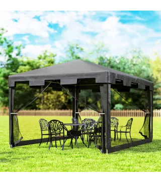Cenador Exterior 4x3 m con 4 Mosquiteras Laterales 2 Puertas con Cremallera y 6 Orificios de Drenaje Gris Oscuro