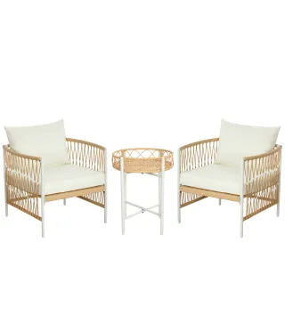 Conjunto Jardín Exterior de 2 Sillas y Mesa de Ratán con Cojines Acolchados para Balcón Terraza Amarillo y Crema