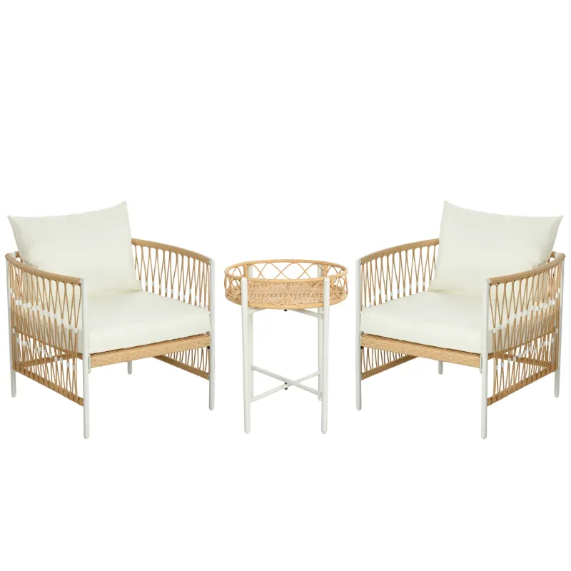 Conjunto Jardín Exterior de 2 Sillas y Mesa de Ratán con Cojines Acolchados para Balcón Terraza Amarillo y Crema