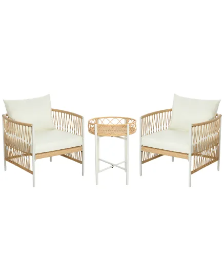 Conjunto Jardín Exterior de 2 Sillas y Mesa de Ratán con Cojines Acolchados para Balcón Terraza Amarillo y Crema