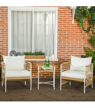 Conjunto Jardín Exterior de 2 Sillas y Mesa de Ratán con Cojines Acolchados para Balcón Terraza Amarillo y Crema