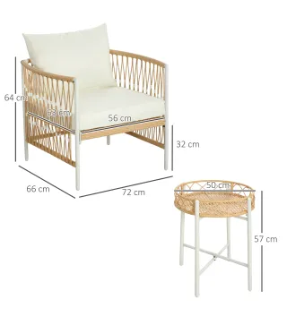 Conjunto Jardín Exterior de 2 Sillas y Mesa de Ratán con Cojines Acolchados para Balcón Terraza Amarillo y Crema