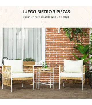 Conjunto Jardín Exterior de 2 Sillas y Mesa de Ratán con Cojines Acolchados para Balcón Terraza Amarillo y Crema