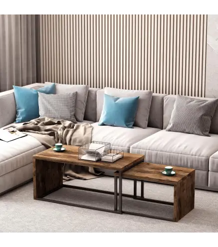 Juego de 2 Mesas de Centro, Mesa Nido Moderna, Mesitas Auxiliares, Marco de Metal, para Salón, Dormitorio, Grande 90x48x42 cm y