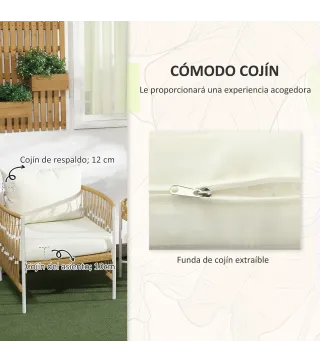 Conjunto Jardín Exterior de 2 Sillas y Mesa de Ratán con Cojines Acolchados para Balcón Terraza Amarillo y Crema