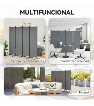 Biombo de 4 Paneles Separador de Ambientes Plegable 221x172 cm Biombo Interior para Oficina Dormitorio Gris Oscuro
