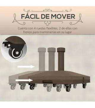 Base para Sombrilla con Ruedas con Postes Ø22 mm a Ø38 mm Rellenable de Arena 18 kg o Agua 16 kg para Jardín Marrón