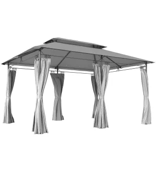 Cenador de Jardín de 4x3 m con Doble Techo Paredes Laterales Resistente al Agua para Exterior Terraza Gris Oscuro