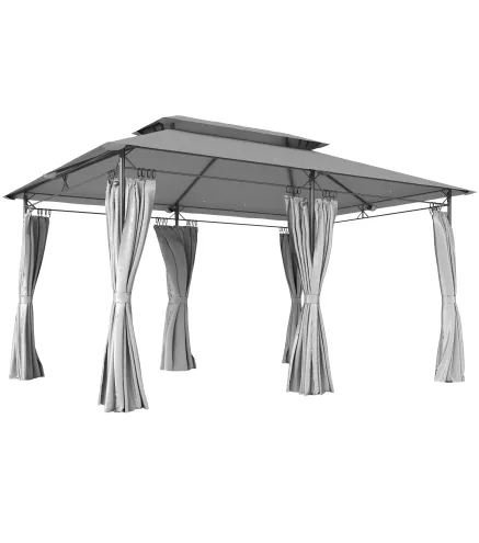 Cenador de Jardín de 4x3 m con Doble Techo Paredes Laterales Resistente al Agua para Exterior Terraza Gris Oscuro