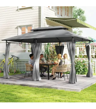 Cenador de Jardín de 4x3 m con Doble Techo Paredes Laterales Resistente al Agua para Exterior Terraza Gris Oscuro