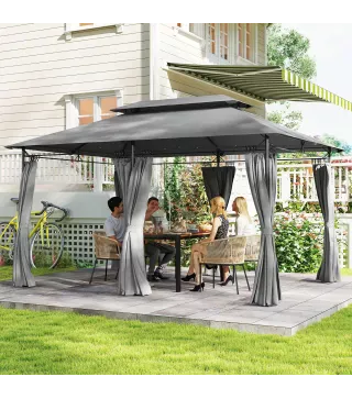 Cenador de Jardín de 4x3 m con Doble Techo Paredes Laterales Resistente al Agua para Exterior Terraza Gris Oscuro