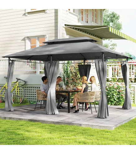 Cenador de Jardín de 4x3 m con Doble Techo Paredes Laterales Resistente al Agua para Exterior Terraza Gris Oscuro