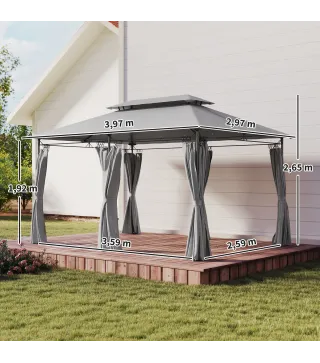 Cenador de Jardín de 4x3 m con Doble Techo Paredes Laterales Resistente al Agua para Exterior Terraza Gris Oscuro