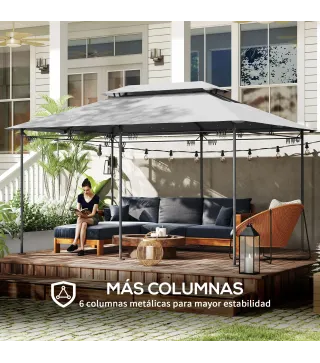 Cenador de Jardín de 4x3 m con Doble Techo Paredes Laterales Resistente al Agua para Exterior Terraza Gris Oscuro