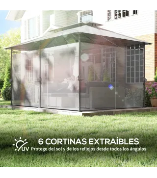 Cenador de Jardín de 4x3 m con Doble Techo Paredes Laterales Resistente al Agua para Exterior Terraza Gris Oscuro