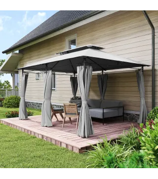 Cenador de Jardín de 4x3 m con Doble Techo Paredes Laterales Resistente al Agua para Exterior Terraza Gris Oscuro
