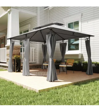 Cenador de Jardín de 4x3 m con Doble Techo Paredes Laterales Resistente al Agua para Exterior Terraza Gris Oscuro