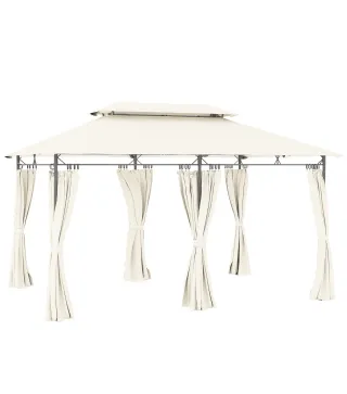 Cenador de Jardín de 4x3 m con Doble Techo Paredes Laterales Resistente al Agua para Exterior Terraza Crema