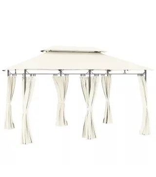 Cenador de Jardín de 4x3 m con Doble Techo Paredes Laterales Resistente al Agua para Exterior Terraza Crema