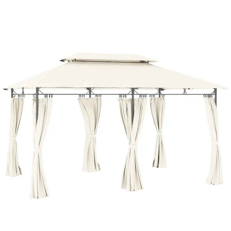 Cenador de Jardín de 4x3 m con Doble Techo Paredes Laterales Resistente al Agua para Exterior Terraza Crema