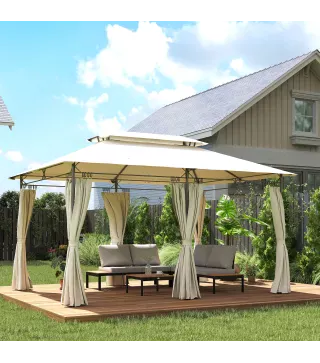 Cenador de Jardín de 4x3 m con Doble Techo Paredes Laterales Resistente al Agua para Exterior Terraza Crema