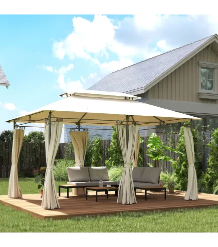 Cenador de Jardín de 4x3 m con Doble Techo Paredes Laterales Resistente al Agua para Exterior Terraza Crema