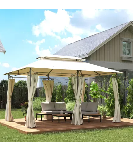 Cenador de Jardín de 4x3 m con Doble Techo Paredes Laterales Resistente al Agua para Exterior Terraza Crema
