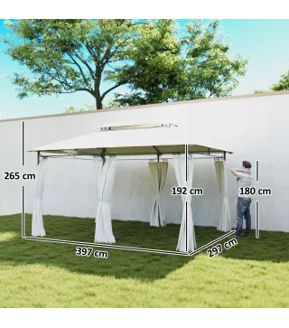 Cenador de Jardín de 4x3 m con Doble Techo Paredes Laterales Resistente al Agua para Exterior Terraza Crema