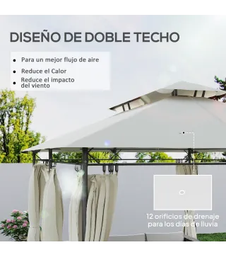 Cenador de Jardín de 4x3 m con Doble Techo Paredes Laterales Resistente al Agua para Exterior Terraza Crema