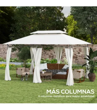 Cenador de Jardín de 4x3 m con Doble Techo Paredes Laterales Resistente al Agua para Exterior Terraza Crema