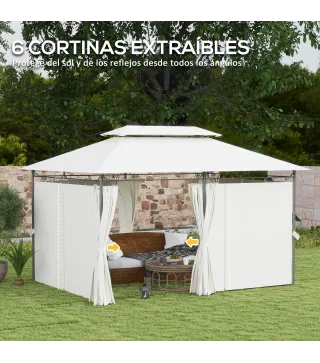 Cenador de Jardín de 4x3 m con Doble Techo Paredes Laterales Resistente al Agua para Exterior Terraza Crema