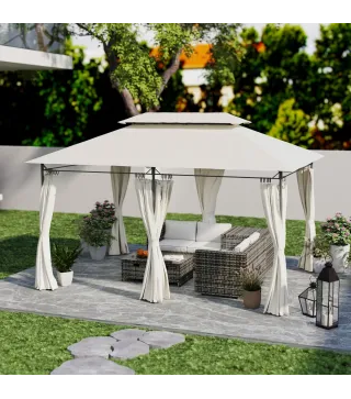 Cenador de Jardín de 4x3 m con Doble Techo Paredes Laterales Resistente al Agua para Exterior Terraza Crema