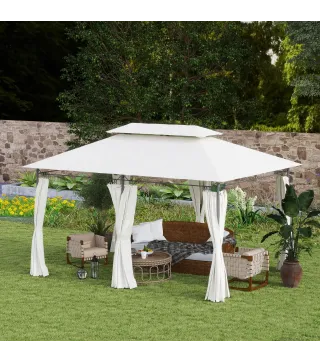 Cenador de Jardín de 4x3 m con Doble Techo Paredes Laterales Resistente al Agua para Exterior Terraza Crema