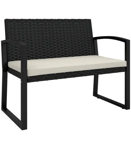 Banco de Ratán Sintético para 2 Personas 103x58x78 cm con Cojín Respaldo Inclinado y Estructura de Acero Galvanizado