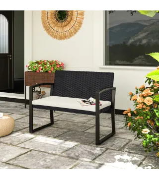 Banco de Ratán Sintético para 2 Personas 103x58x78 cm con Cojín Respaldo Inclinado y Estructura de Acero Galvanizado