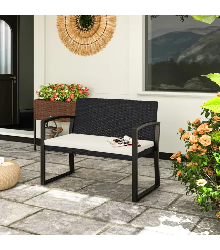 Banco de Ratán Sintético para 2 Personas 103x58x78 cm con Cojín Respaldo Inclinado y Estructura de Acero Galvanizado