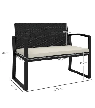 Banco de Ratán Sintético para 2 Personas 103x58x78 cm con Cojín Respaldo Inclinado y Estructura de Acero Galvanizado