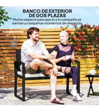 Banco de Ratán Sintético para 2 Personas 103x58x78 cm con Cojín Respaldo Inclinado y Estructura de Acero Galvanizado