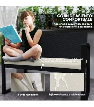 Banco de Ratán Sintético para 2 Personas 103x58x78 cm con Cojín Respaldo Inclinado y Estructura de Acero Galvanizado