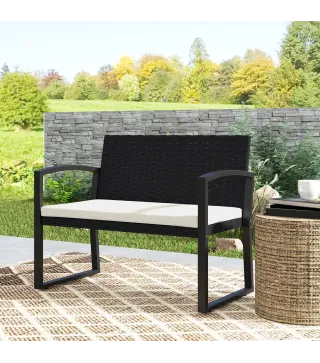 Banco de Ratán Sintético para 2 Personas 103x58x78 cm con Cojín Respaldo Inclinado y Estructura de Acero Galvanizado