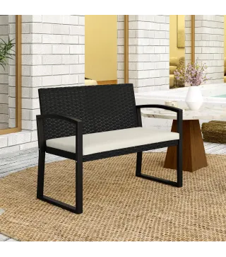Banco de Ratán Sintético para 2 Personas 103x58x78 cm con Cojín Respaldo Inclinado y Estructura de Acero Galvanizado