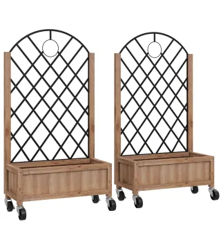 2 Jardineras de Madera Elevadas con Enrejado Metálico para Plantas Trepadoras y Flores 52x25x97 cm Marrón y Negro