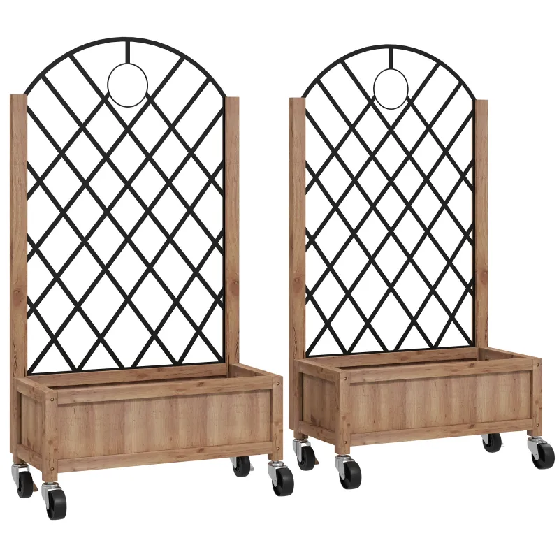 2 Jardineras de Madera Elevadas con Enrejado Metálico para Plantas Trepadoras y Flores 52x25x97 cm Marrón y Negro