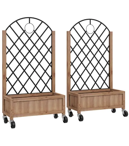 2 Jardineras de Madera Elevadas con Enrejado Metálico para Plantas Trepadoras y Flores 52x25x97 cm Marrón y Negro