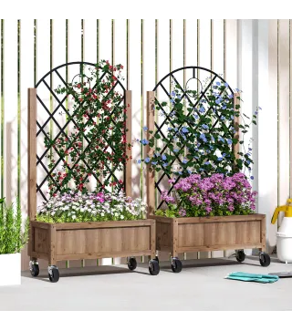 2 Jardineras de Madera Elevadas con Enrejado Metálico para Plantas Trepadoras y Flores 52x25x97 cm Marrón y Negro