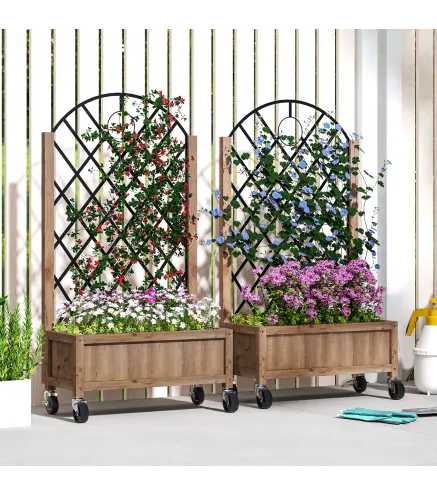 2 Jardineras de Madera Elevadas con Enrejado Metálico para Plantas Trepadoras y Flores 52x25x97 cm Marrón y Negro