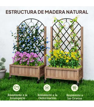 2 Jardineras de Madera Elevadas con Enrejado Metálico para Plantas Trepadoras y Flores 52x25x97 cm Marrón y Negro