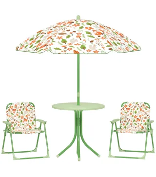 Conjunto Infantil de Jardín Plegable con 2 Sillas Mesa y Sombrilla Ajustable para Niños de 2 a 5 Años Verde