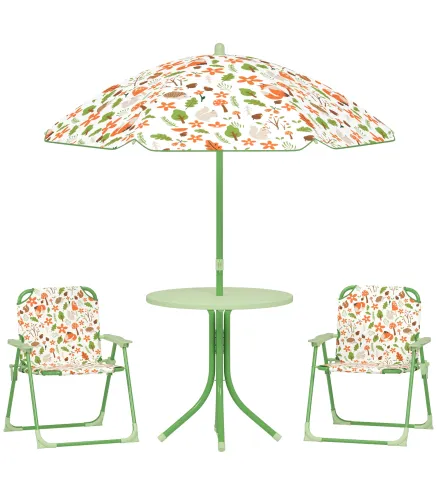 Conjunto Infantil de Jardín Plegable con 2 Sillas Mesa y Sombrilla Ajustable para Niños de 2 a 5 Años Verde