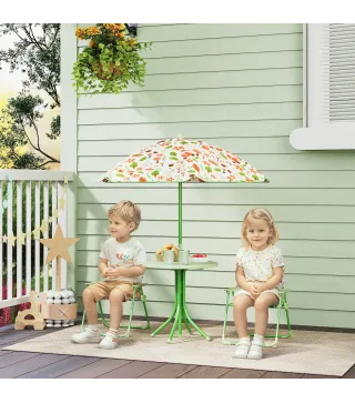 Conjunto Infantil de Jardín Plegable con 2 Sillas Mesa y Sombrilla Ajustable para Niños de 2 a 5 Años Verde